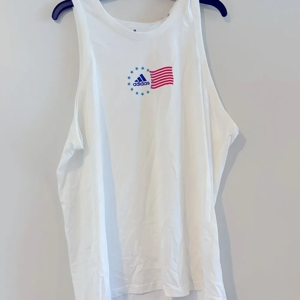 Adidas Men Sleeveless Tank Top Shirt American Flag Graphic White